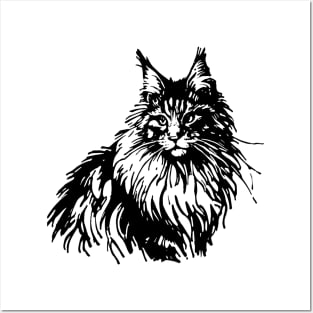 Stick figure of Maine Coon cat in black ink Posters and Art